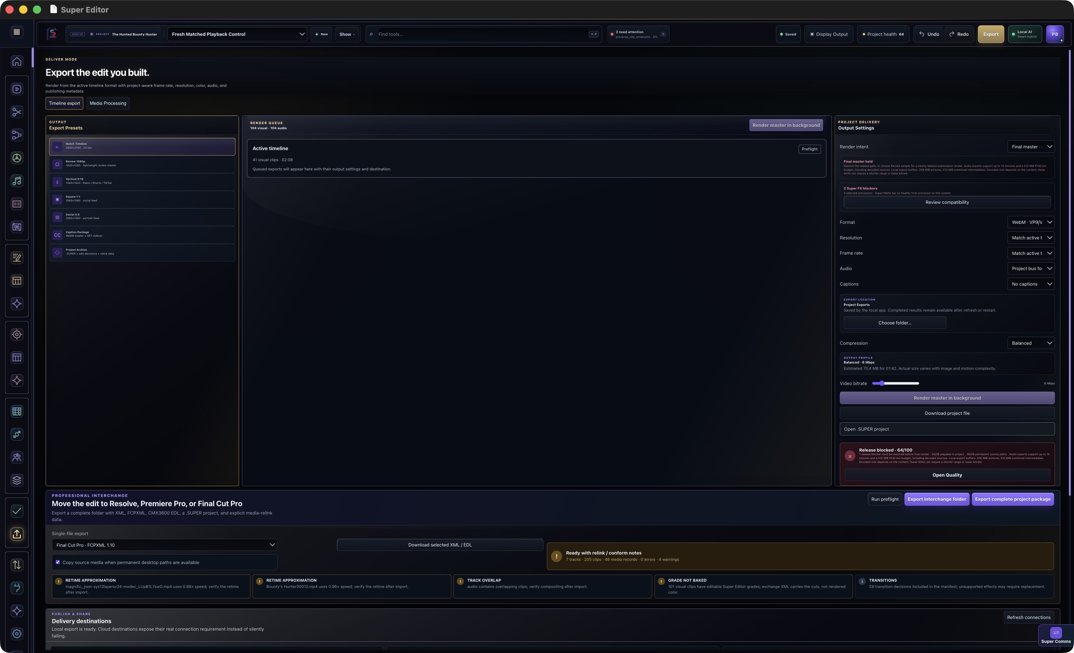 Delivery and Export for the Bounty Hunter edit with presets, output settings, render queue, and interchange controls