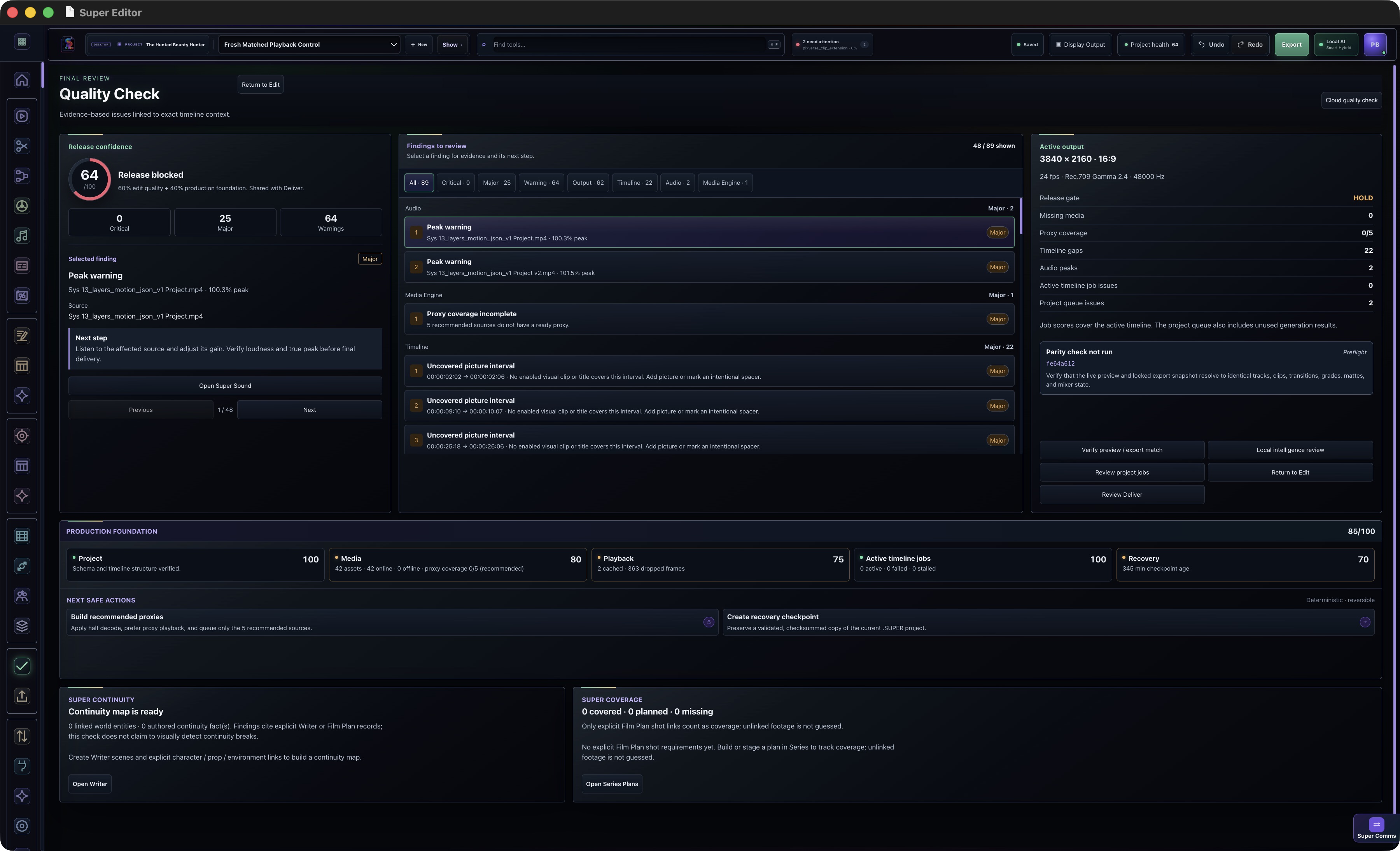 Quality Check for the Bounty Hunter edit with media readiness, project findings, and output checks