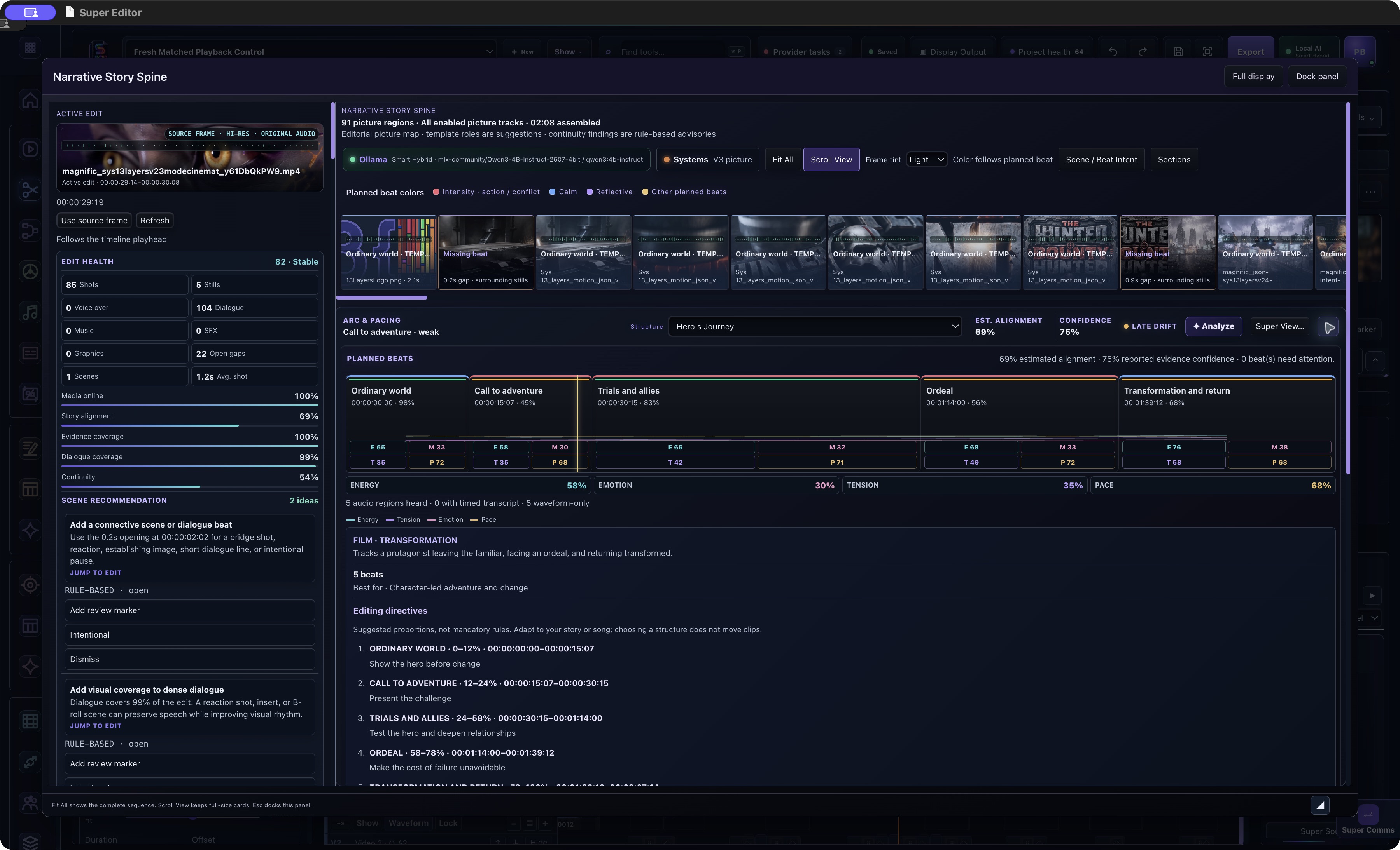 Narrative Story Spine for the Bounty Hunter edit with Arc and Pacing, planned beats, and editorial guidance