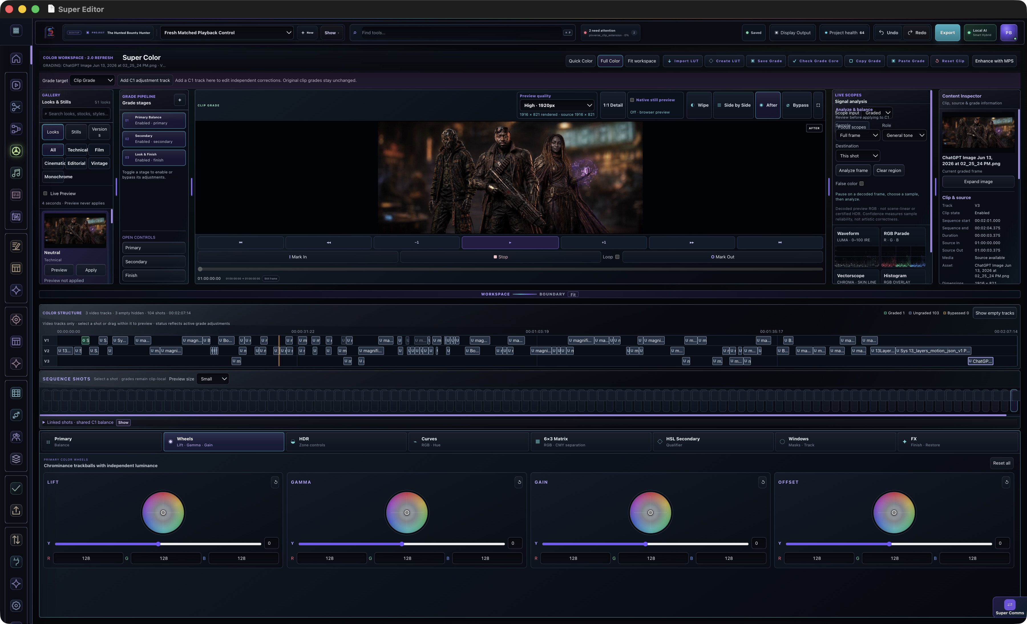 Super Color beta workspace with Bounty Hunter picture preview and Lift, Gamma, Gain, and Offset grading wheels