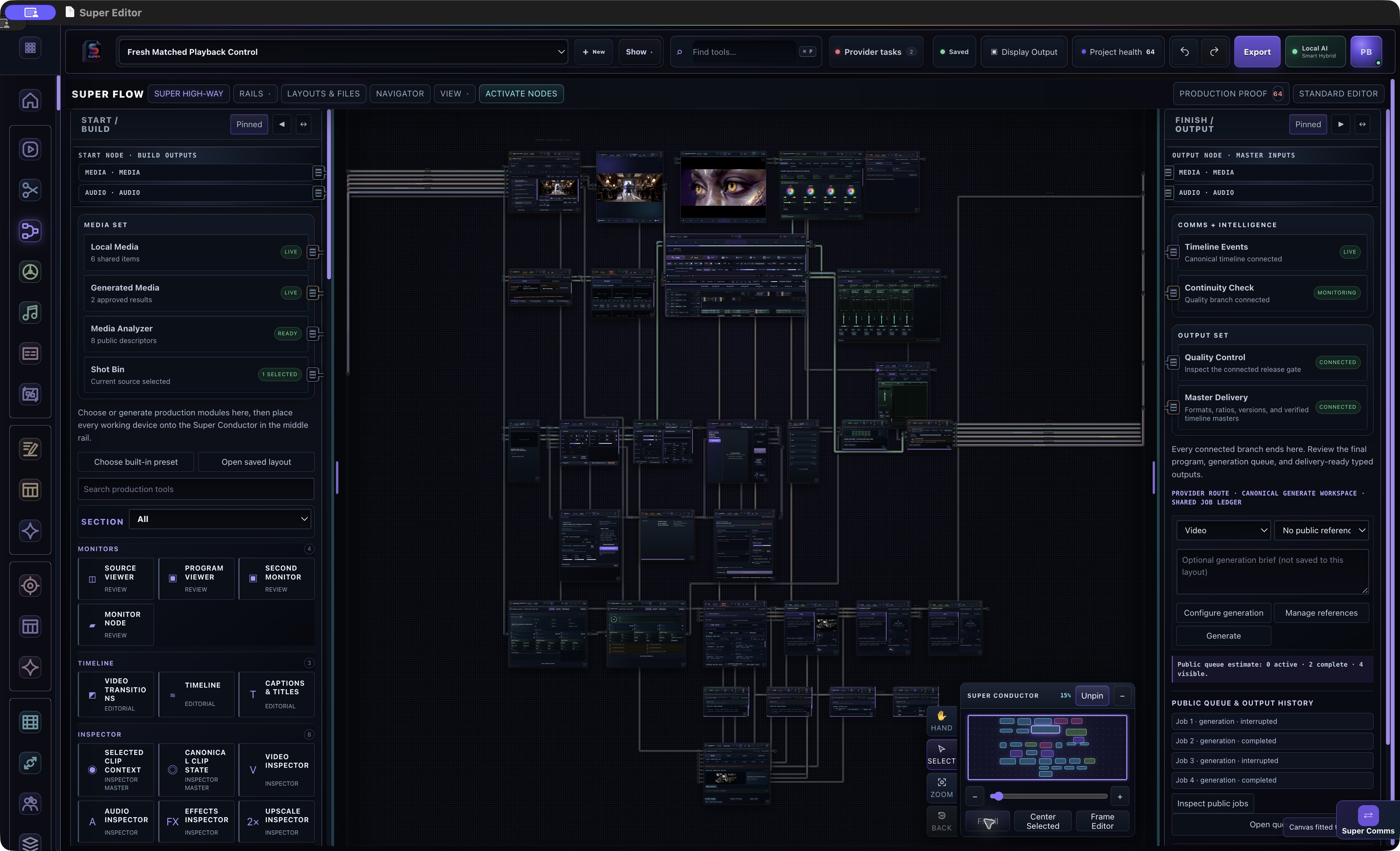 Super Flow beta workspace showing the Bounty Hunter edit, connected production modules, and build and output rails