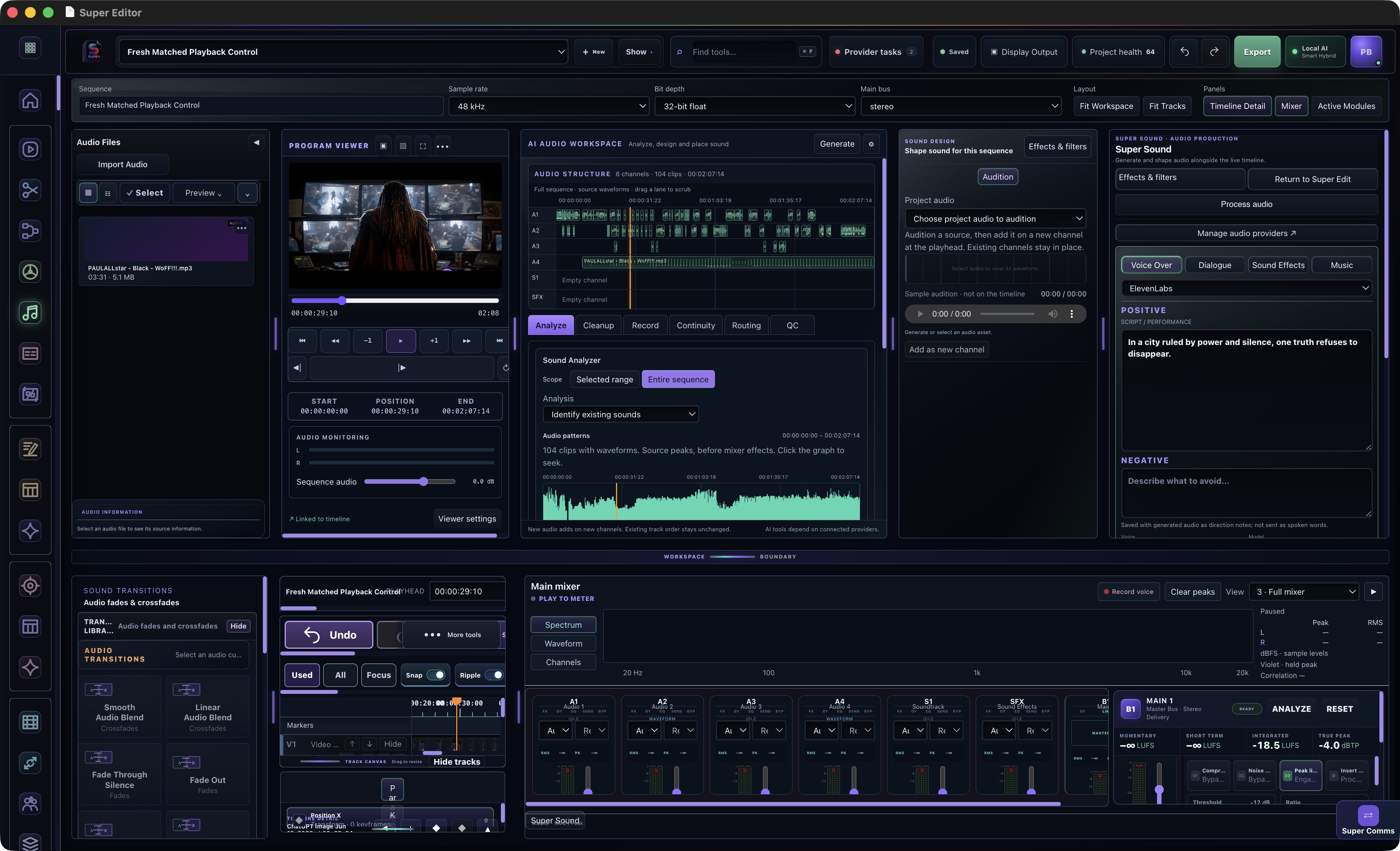 Super Sound beta workspace with Bounty Hunter footage, audio structure, sound analysis, and sound design tools