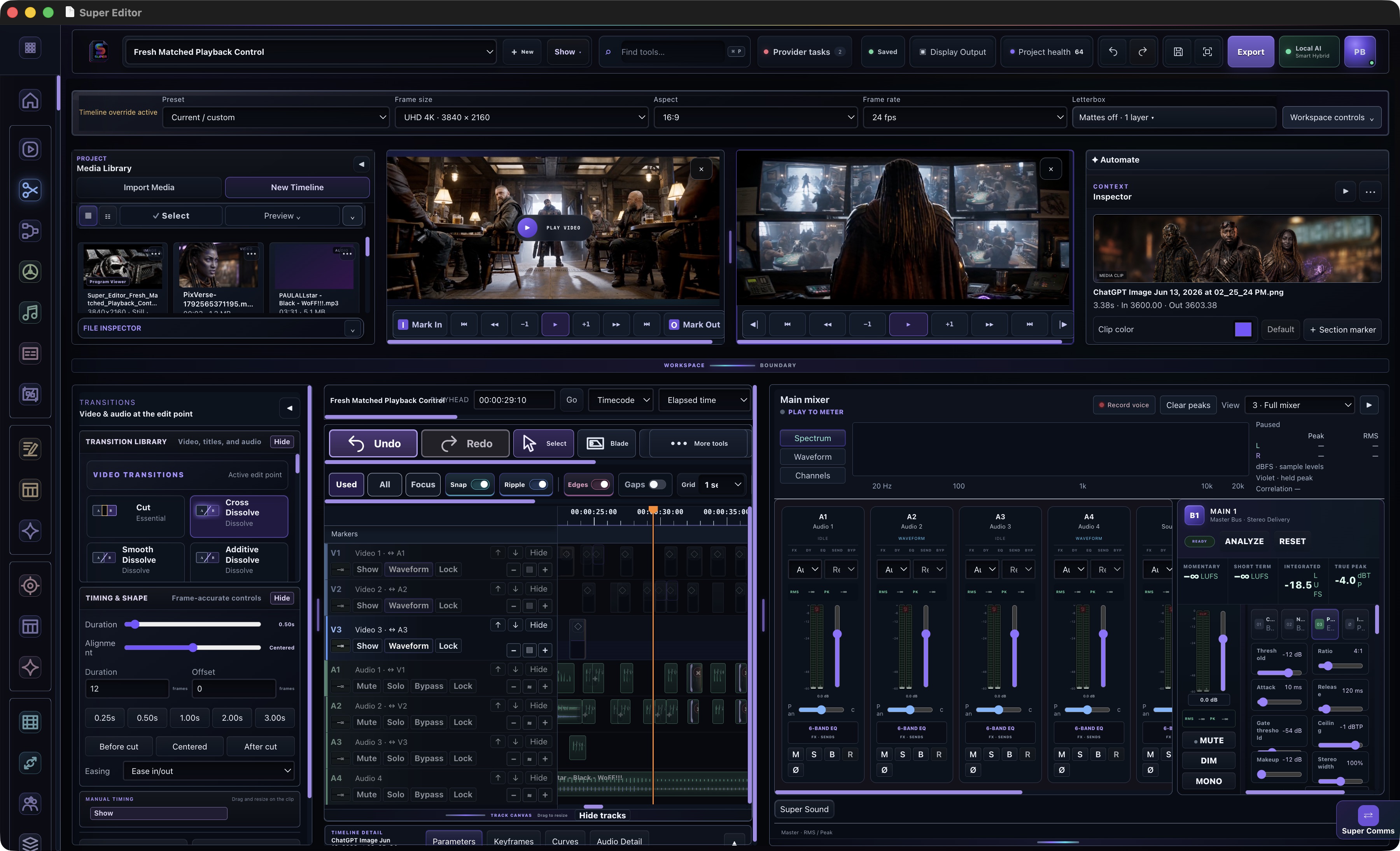 Bounty Hunter footage in Super Edit with the expanded Timeline Mixer, A1 through A4 controls, and Main 1 bus