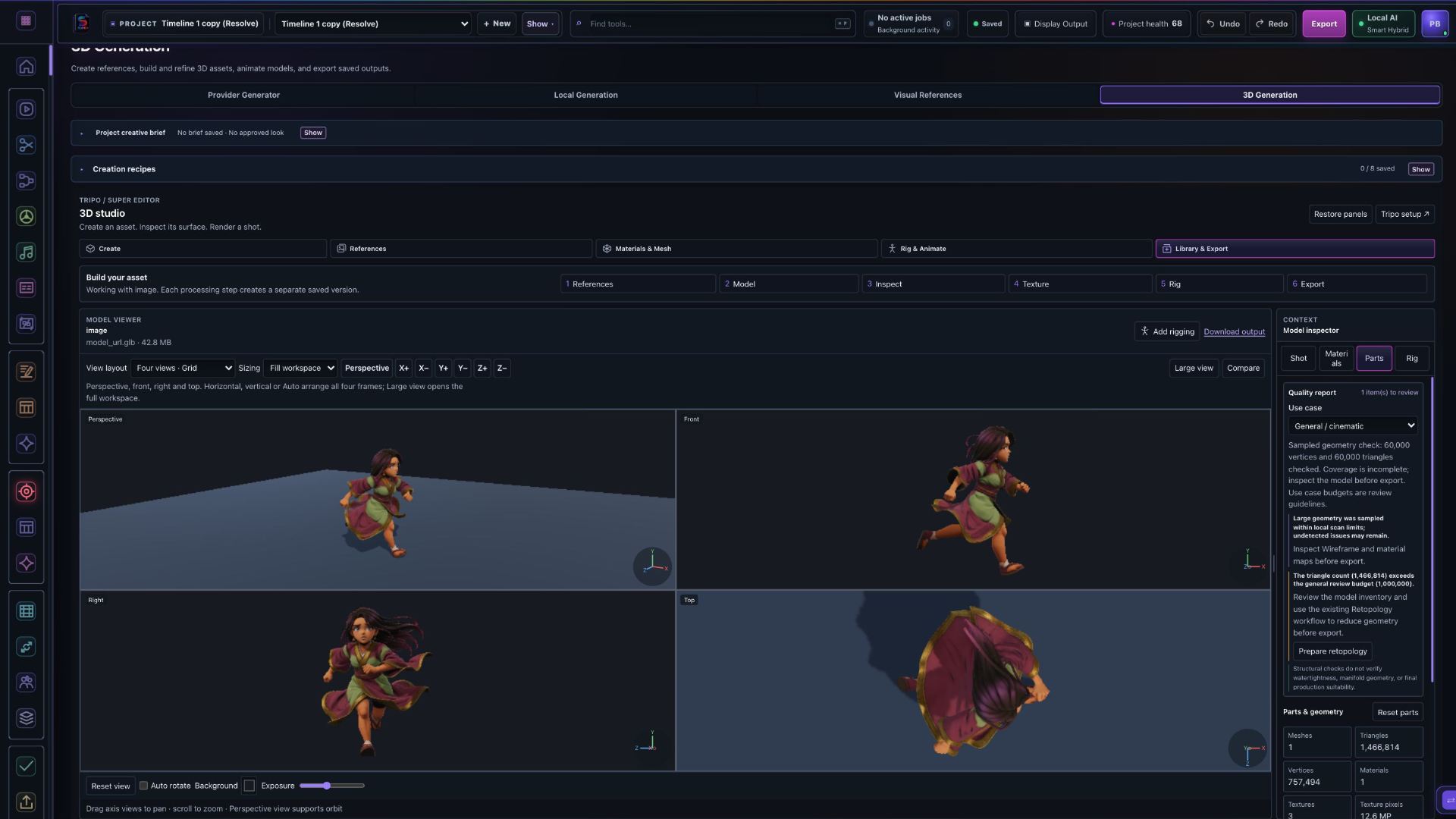 Actual beta 3D studio showing four-view inspection of a saved Tripo model