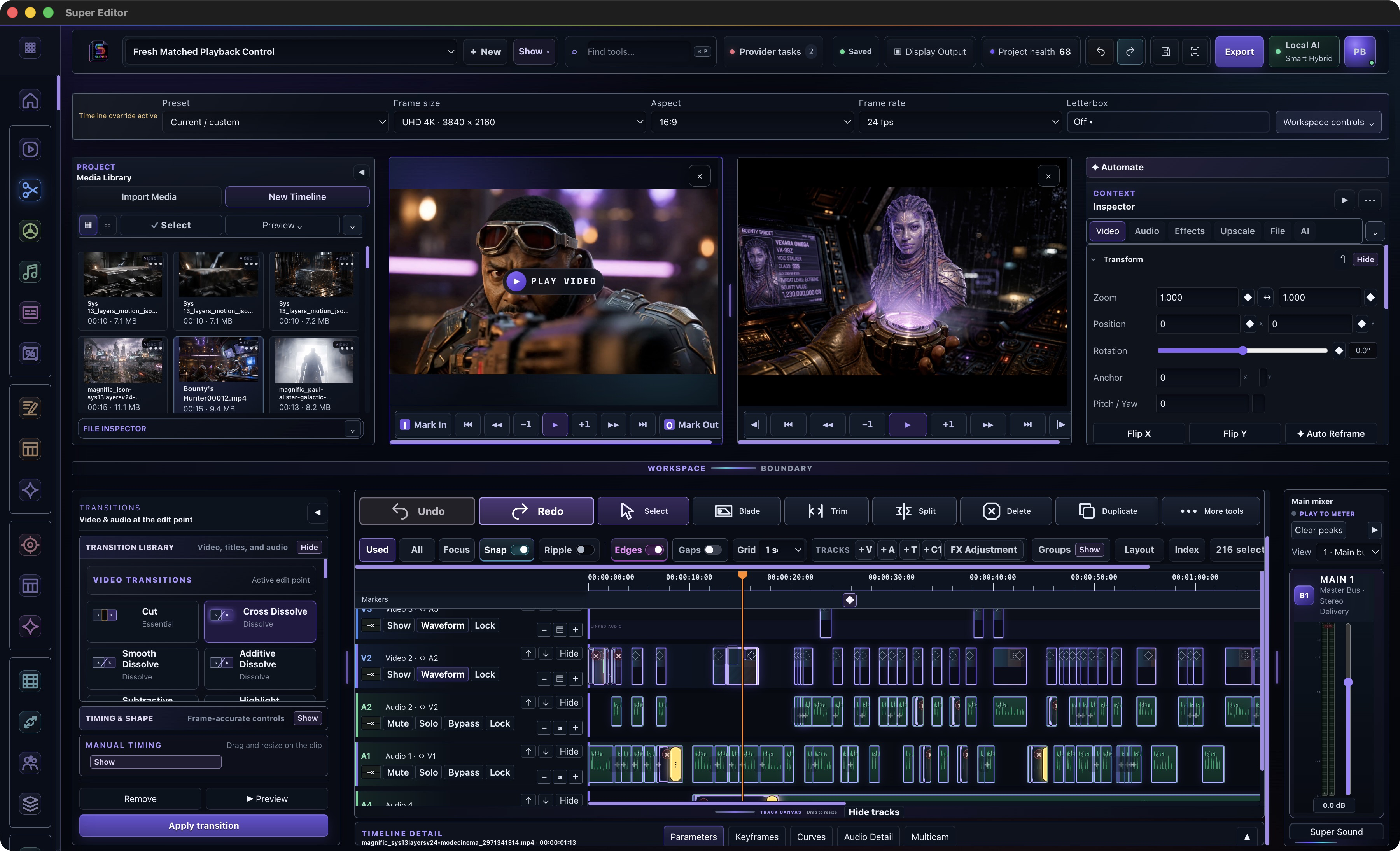 Actual Super Edit beta workspace with active footage in source and program viewers, a multitrack timeline, transitions, Inspector, and mixer