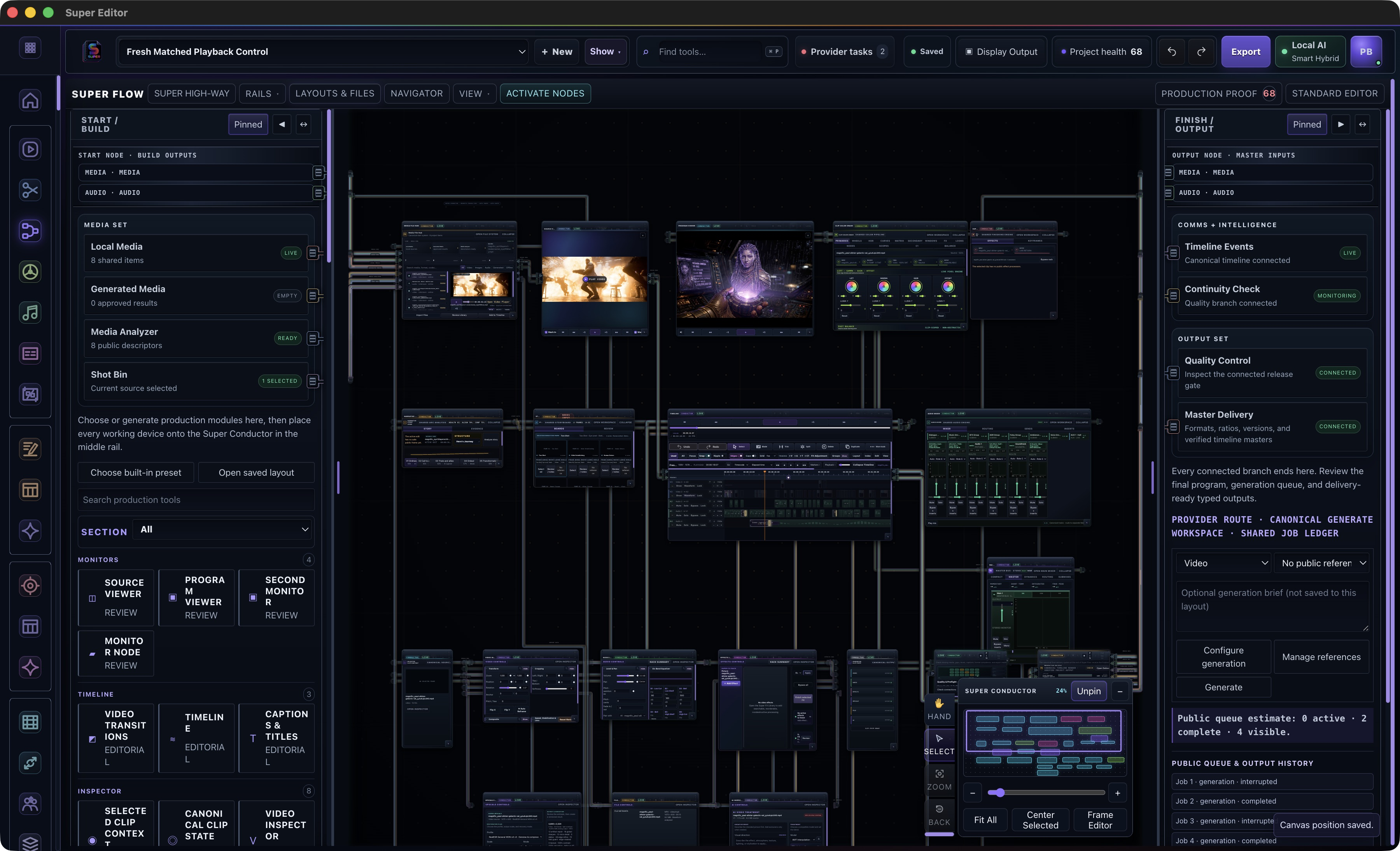 Actual Super Flow beta workspace with active footage and connected production nodes between the build and output rails