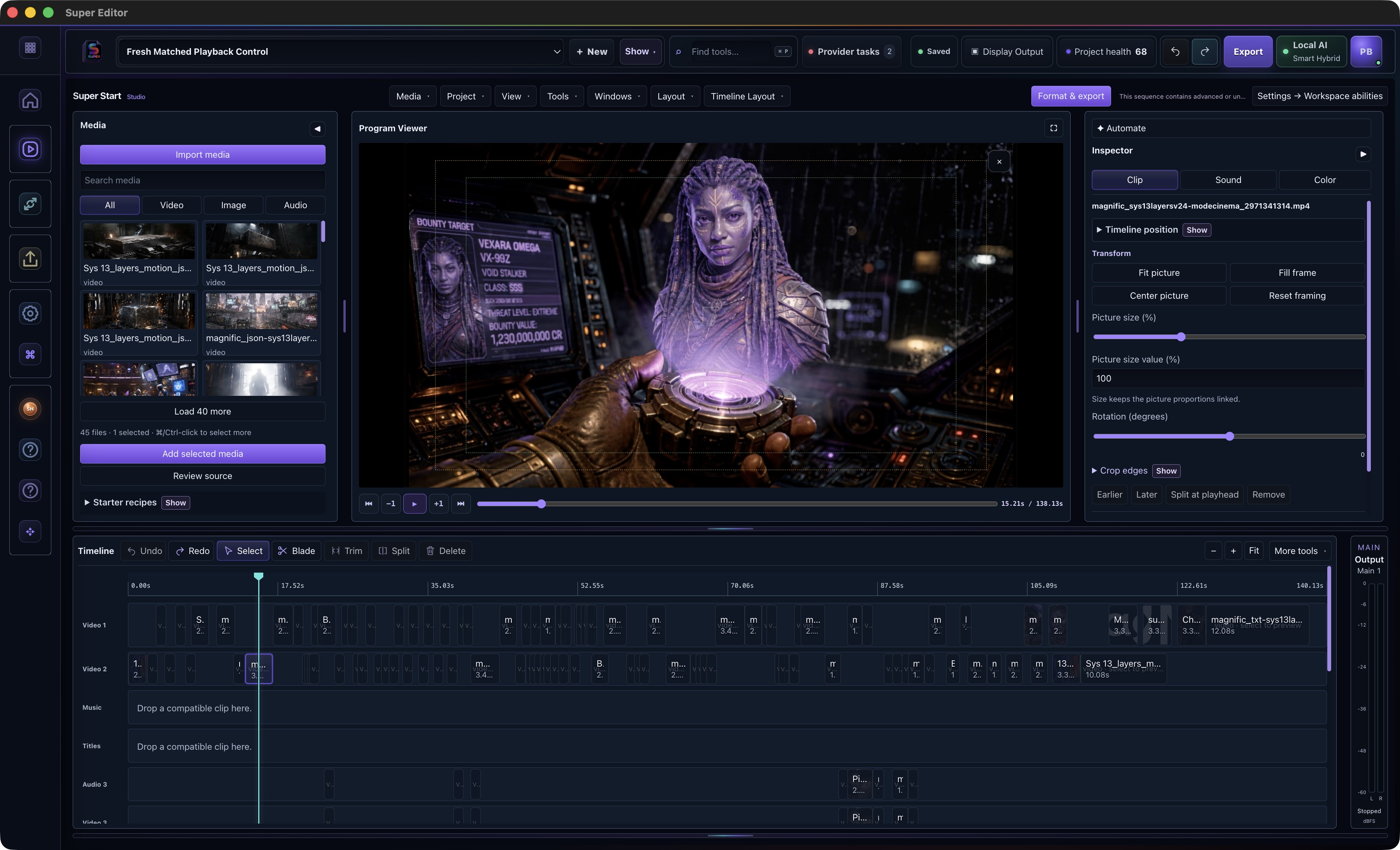 Actual Super Start beta workspace with active footage in the Program Viewer, Media, Inspector, and guided timeline